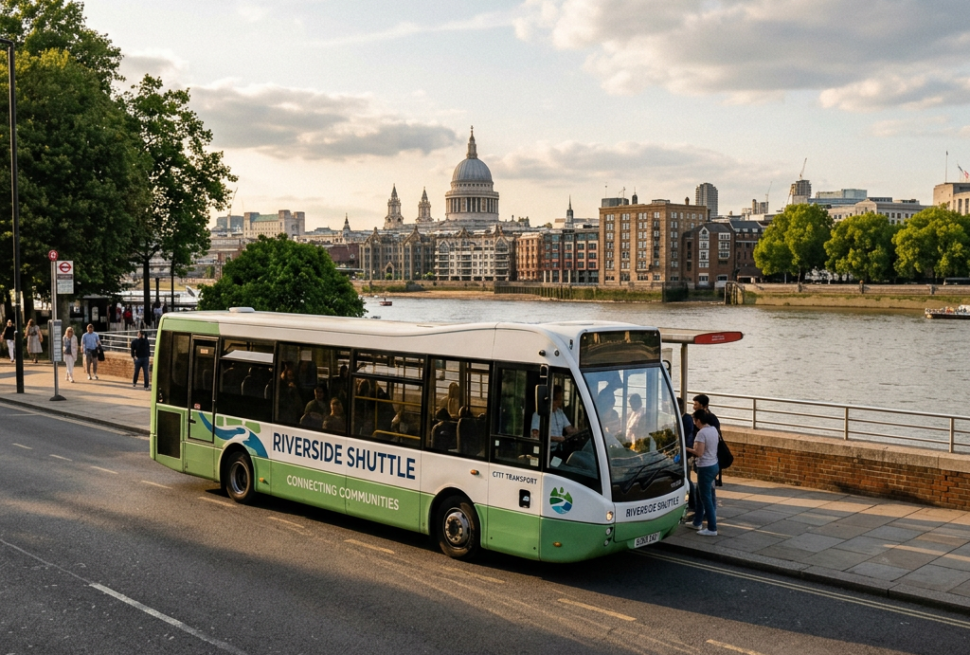 Riverside Shuttle bus reading “Connecting Communities” beside the Thames and St Paul’s Cathedral