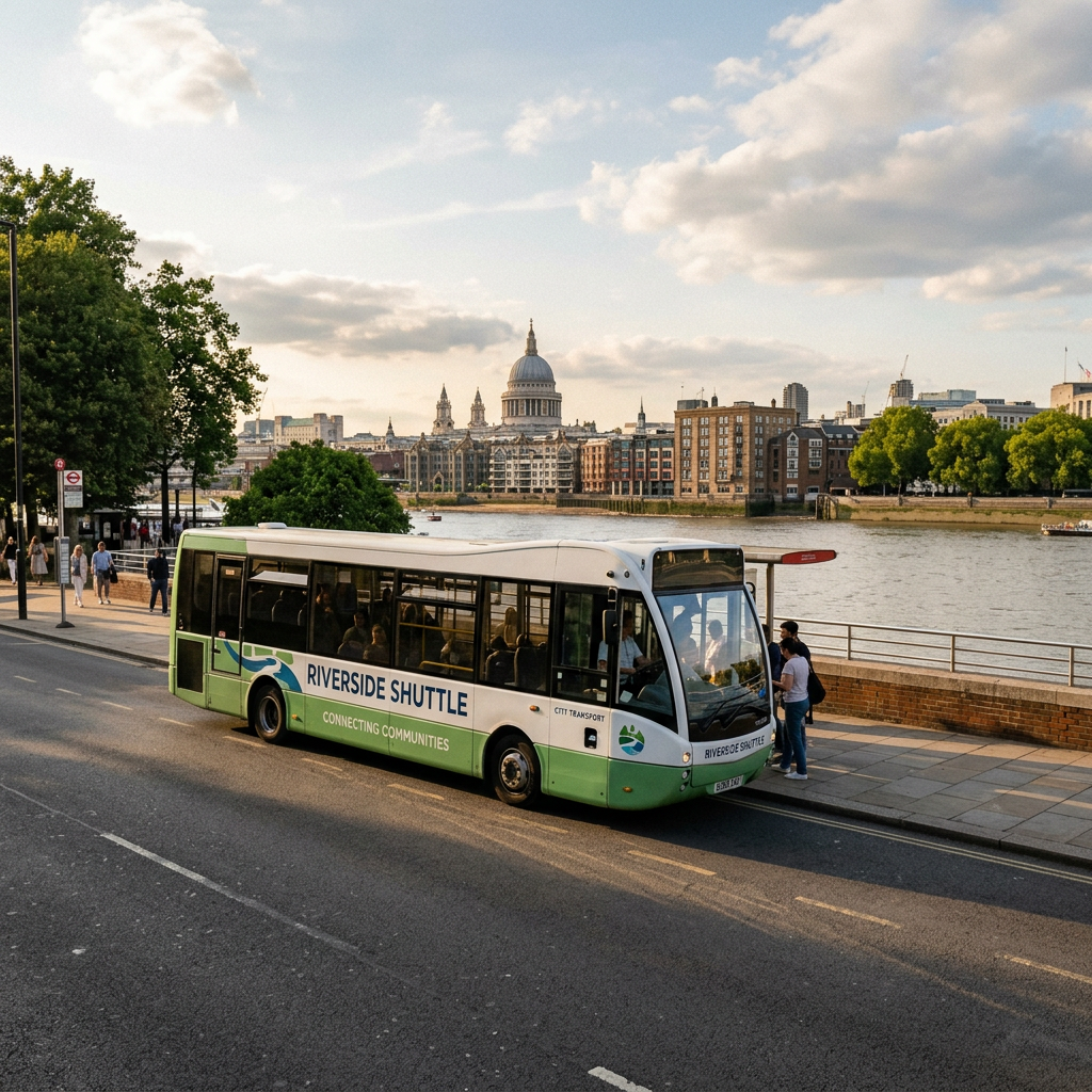 Riverside Shuttle bus reading “Connecting Communities” beside the Thames and St Paul’s Cathedral